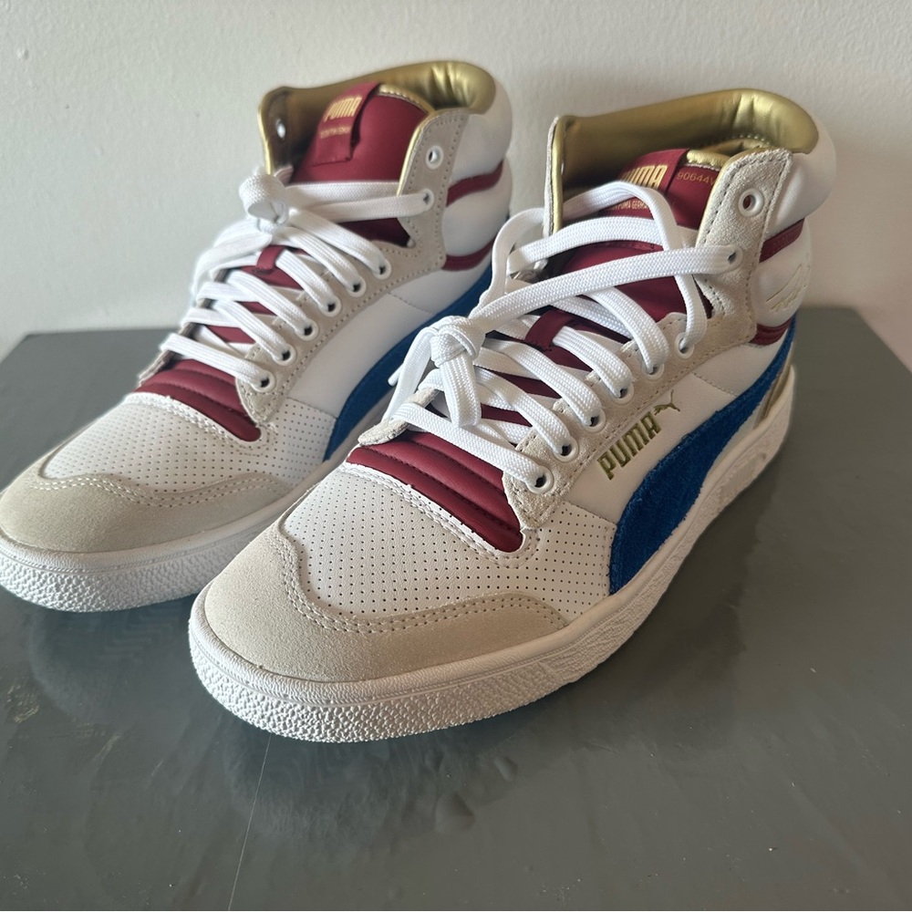 Puma High-Top Sneakers in Red, White, and Blue with Gold Accents